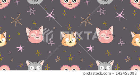 Cute seamless pattern with funny cat faces, stars and sparkles on grey background. Adorable kitten design perfect for nursery decor, kids textiles and stationery. Modern vector illustration Cute seamless pattern with funny cat faces, stars and sparkles on grey background. Adorable kitten design perfect for nursery decor, kids textiles and stationery. Modern vector illustration 142455098