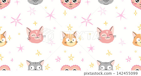 Cute seamless pattern with funny cat faces, stars and sparkles on light background. Adorable kitten design perfect for nursery decor, kids textiles and stationery Cute seamless pattern with funny cat faces, stars and sparkles on light background. Adorable kitten design perfect for nursery decor, kids textiles and stationery 142455099