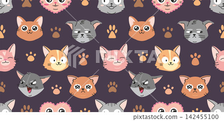 Cute seamless pattern with funny cat faces and paw prints on dark background. Kawaii pet character texture for kids fabric, wrapping paper, wallpaper and textile design. Modern vector illustration Cute seamless pattern with funny cat faces and paw prints on dark background. Kawaii pet character texture for kids fabric, wrapping paper, wallpaper and textile design. Modern vector illustration 142455100