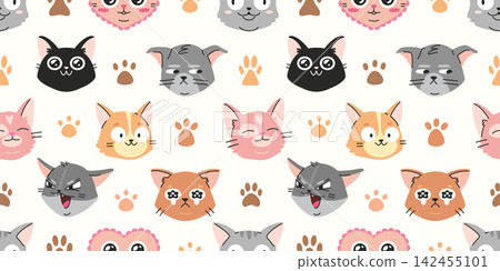 Cute seamless pattern with funny cat faces and paw prints on white background. Kawaii pet character texture for kids fabric, wrapping paper, wallpaper and textile design. Modern vector illustration Cute seamless pattern with funny cat faces and paw prints on white background. Kawaii pet character texture for kids fabric, wrapping paper, wallpaper and textile design. Modern vector illustration 142455101