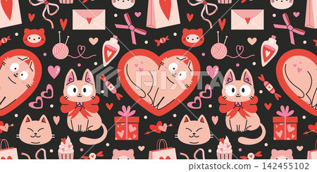 Cute seamless Valentine pattern with cats, hearts, gifts and romantic elements on black background. Kawaii love texture for holiday wrapping paper, fabric and cards. Modern vector illustration Cute seamless Valentine pattern with cats, hearts, gifts and romantic elements on black background. Kawaii love texture for holiday wrapping paper, fabric and cards. Modern vector illustration 142455102