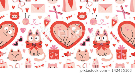 Cute seamless Valentine pattern with cats, hearts, gifts and romantic elements on light background. Kawaii love texture for holiday wrapping paper, fabric and cards. Modern vector illustration Cute seamless Valentine pattern with cats, hearts, gifts and romantic elements on light background. Kawaii love texture for holiday wrapping paper, fabric and cards. Modern vector illustration 142455103