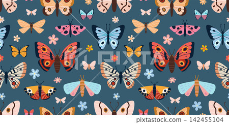 Colorful seamless pattern with butterflies and small flowers on blue background. Cheerful summer nature texture for fabric, wallpaper, nursery and scrapbook design. Modern vector illustration 142455104