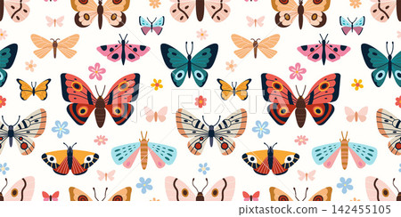 Colorful seamless pattern with butterflies and small flowers on light background. Cheerful summer nature texture for fabric, wallpaper, nursery and scrapbook design. Modern vector illustration Colorful seamless pattern with butterflies and small flowers on light background. Cheerful summer nature texture for fabric, wallpaper, nursery and scrapbook design. Modern vector illustration 142455105