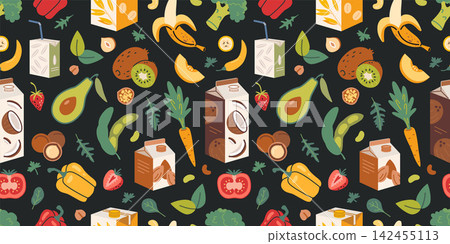 Colorful seamless pattern with fruits, vegetables and plant based milk cartons on black background. Healthy vegan food texture for packaging, fabric and kitchen design. Modern vector illustration Colorful seamless pattern with fruits, vegetables and plant based milk cartons on black background. Healthy vegan food texture for packaging, fabric and kitchen design. Modern vector illustration 142455113