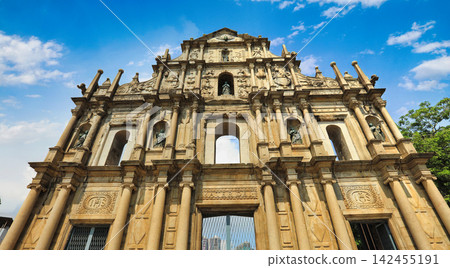 ruins of st paul's cathedral standing solemnly in an urban setting with statues, arches, and columns under a low angle view, blue and white stone architecture, historical and solemn mood. ruins of st paul's cathedral standing solemnly in an urban setting with statues, arches, and columns under a low angle view, blue and white stone architecture, historical and solemn mood. 142455191