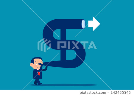 Businessman look into dollar sign telescope to see future. Investment opportunity discovery and financial vision Businessman look into dollar sign telescope to see future. Investment opportunity discovery and financial vision 142455545