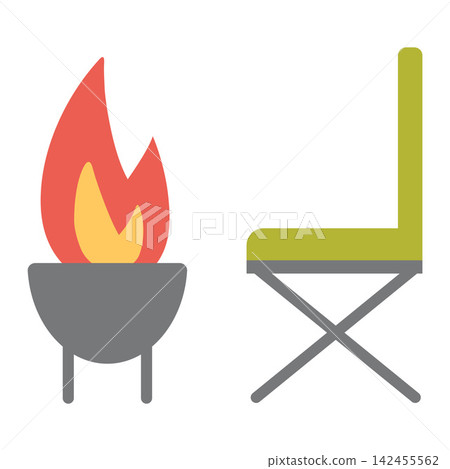 Camping grill with camp chair isolated on white background. Outdoor cooking and relaxing equipment for campsite. Flat vector illustration Camping grill with camp chair isolated on white background. Outdoor cooking and relaxing equipment for campsite. Flat vector illustration 142455562