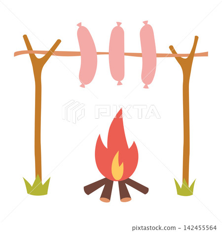 Campfire with sausages on roasting sticks isolated on white background. Outdoor camping cooking scene. Flat vector illustration Campfire with sausages on roasting sticks isolated on white background. Outdoor camping cooking scene. Flat vector illustration 142455564