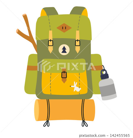 Large hiking backpack with sleeping mat and water bottle isolated on white background. Outdoor gear for trekking and camping. Flat vector illustration Large hiking backpack with sleeping mat and water bottle isolated on white background. Outdoor gear for trekking and camping. Flat vector illustration 142455565