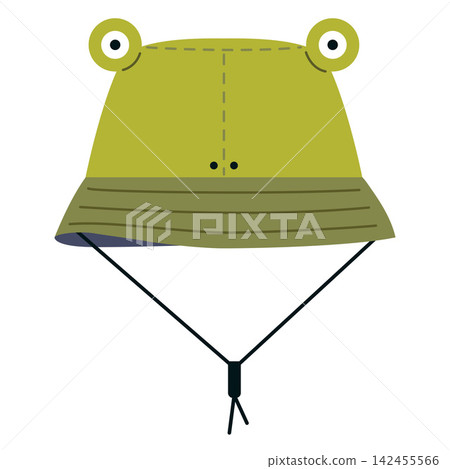 Cute frog bucket hat isolated on white background. Funny summer hat for camping, hiking and outdoor adventures. Flat vector illustration Cute frog bucket hat isolated on white background. Funny summer hat for camping, hiking and outdoor adventures. Flat vector illustration 142455566