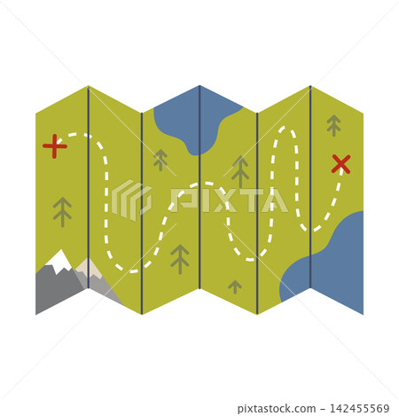 Folded hiking map with marked route. Navigation equipment for camping, trekking, hiking and outdoor travel Folded hiking map with marked route. Navigation equipment for camping, trekking, hiking and outdoor travel 142455569
