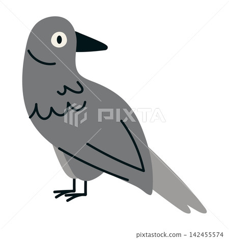 Crow standing in side view. Simple woodland or city bird vector illustration for wildlife, forest, camping and nature design Crow standing in side view. Simple woodland or city bird vector illustration for wildlife, forest, camping and nature design 142455574