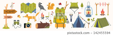 Camping equipment collection with tents, backpack, lantern, map, wildlife and hiking accessories. Trendy modern illustrations. Flat vector set for outdoor adventure and summer travel Camping equipment collection with tents, backpack, lantern, map, wildlife and hiking accessories. Trendy modern illustrations. Flat vector set for outdoor adventure and summer travel 142455594
