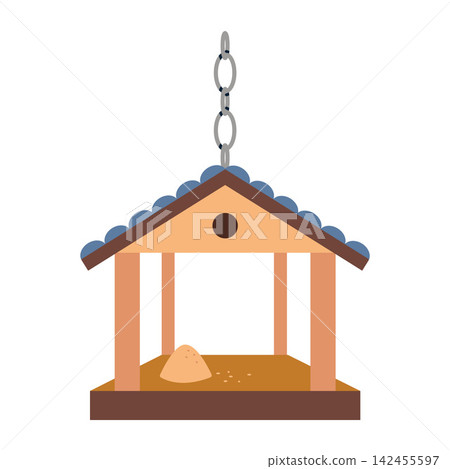 Flat vector illustration of a house-shaped hanging wooden bird feeder with seeds. Garden accessory for feeding wild birds, backyard designs Flat vector illustration of a house-shaped hanging wooden bird feeder with seeds. Garden accessory for feeding wild birds, backyard designs 142455597