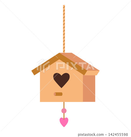 Flat vector illustration of a hanging birdhouse. Wooden nesting box isolated for garden, wildlife, birds and nature themed designs 142455598