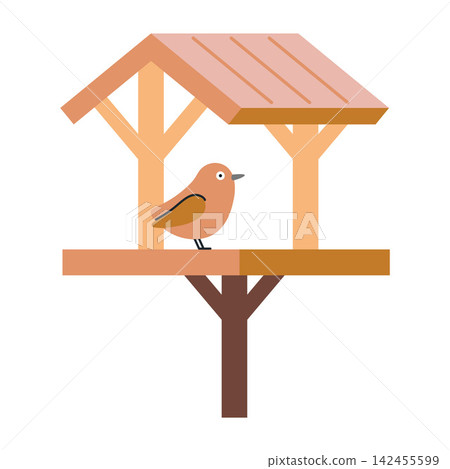 Flat vector illustration of a bird feeding at a wooden feeder. Garden wildlife scene for backyard, birdwatching and nature designs Flat vector illustration of a bird feeding at a wooden feeder. Garden wildlife scene for backyard, birdwatching and nature designs 142455599