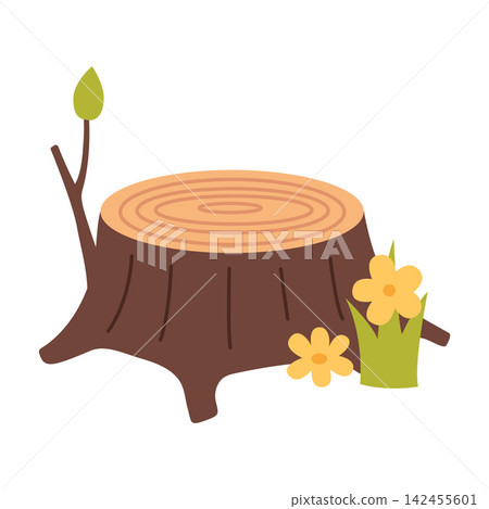 Flat vector illustration of a tree stump with flowers and sprout. Forest nature element for woodland, ecology and outdoor themed designs Flat vector illustration of a tree stump with flowers and sprout. Forest nature element for woodland, ecology and outdoor themed designs 142455601
