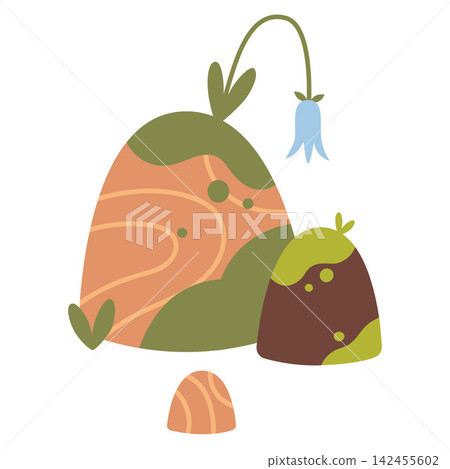 Forest moss hummocks with a blue bellflower. Cute flat vector illustration of woodland ground elements, mossy mounds and wild forest vegetation isolated on white Forest moss hummocks with a blue bellflower. Cute flat vector illustration of woodland ground elements, mossy mounds and wild forest vegetation isolated on white 142455602