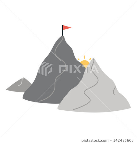 Flat vector illustration of a mountain peak with summit flag. Outdoor landscape icon isolated for hiking, climbing and adventure themed designs Flat vector illustration of a mountain peak with summit flag. Outdoor landscape icon isolated for hiking, climbing and adventure themed designs 142455603