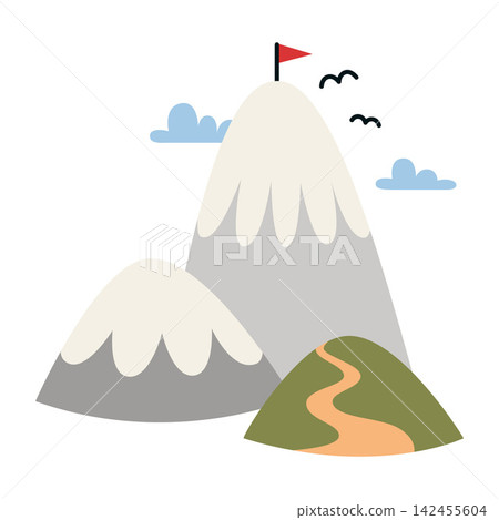 Flat vector illustration of cute snowy mountains with a hiking trail. Natural landscape for travel, adventure and outdoor themed designs Flat vector illustration of cute snowy mountains with a hiking trail. Natural landscape for travel, adventure and outdoor themed designs 142455604