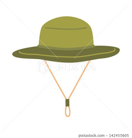 Flat vector illustration of a bucket hat with chin strap. Outdoor sun hat isolated for hiking, camping, fishing and summer travel designs 142455605