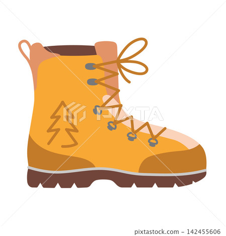 Hiking lace-up yellow boot. Outdoor footwear for trekking, camping, hiking trails, mountain adventures and everyday casual wear. Vector illustration isolated on white background Hiking lace-up yellow boot. Outdoor footwear for trekking, camping, hiking trails, mountain adventures and everyday casual wear. Vector illustration isolated on white background 142455606