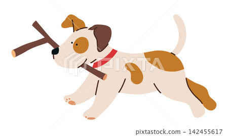 Happy dog running with a stick in flat style. Energetic domestic pet playing fetch outdoors isolated on white background Happy dog running with a stick in flat style. Energetic domestic pet playing fetch outdoors isolated on white background 142455617