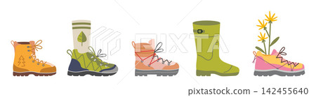 Collection of hiking boots, trekking shoes, rubber boots and outdoor footwear. Flat vector set suitable for camping, travel, adventure, fashion and everyday wear Collection of hiking boots, trekking shoes, rubber boots and outdoor footwear. Flat vector set suitable for camping, travel, adventure, fashion and everyday wear 142455640