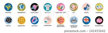 Set of round school subject icons like biology, history, chemistry, physics and others. Perfect for educational platforms, presentations, and textbooks. Flat vector illustrations isolated on white Set of round school subject icons like biology, history, chemistry, physics and others. Perfect for educational platforms, presentations, and textbooks. Flat vector illustrations isolated on white 142455642