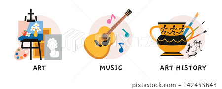 Collection of school icons for art, music and art history. Creative education illustrations for classroom materials, learning resources, educational posters and school projects 142455643