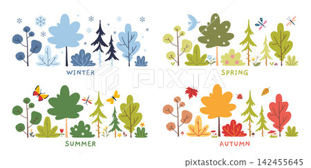 Seasonal landscape illustrations with winter, spring, summer and autumn. Nature scenes with trees and plants for educational and decorative projects. Flat vector illustrations isolated on white 142455645