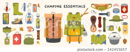 Camping essentials set with contents of a hiking backpack like cookware, clothes, stuff and accessories for outdoor travel and adventure. Flat vector illustrations isolated on light background Camping essentials set with contents of a hiking backpack like cookware, clothes, stuff and accessories for outdoor travel and adventure. Flat vector illustrations isolated on light background 142455657