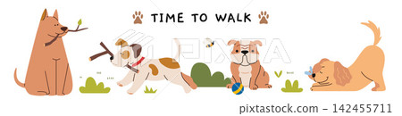 Cute dogs playing, walking and resting outdoors. Art for pet lovers, greeting cards and stickers. Flat vector illustrations isolated on white background Cute dogs playing, walking and resting outdoors. Art for pet lovers, greeting cards and stickers. Flat vector illustrations isolated on white background 142455711