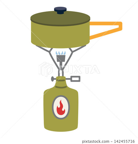 Portable camping stove with gas canister and a saucepan on the fire for outdoor cooking, hiking and backpacking. Flat vector illustration isolated on white background Portable camping stove with gas canister and a saucepan on the fire for outdoor cooking, hiking and backpacking. Flat vector illustration isolated on white background 142455716