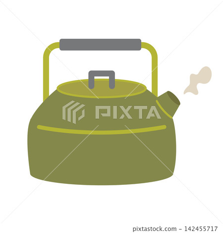 Camping kettle for boiling water and preparing hot drinks during hiking and outdoor trips. Flat vector illustration isolated on white background Camping kettle for boiling water and preparing hot drinks during hiking and outdoor trips. Flat vector illustration isolated on white background 142455717