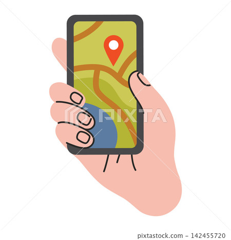 Hand holding smartphone with navigation map for GPS location, travel and route planning. Flat vector illustration isolated on white background Hand holding smartphone with navigation map for GPS location, travel and route planning. Flat vector illustration isolated on white background 142455720