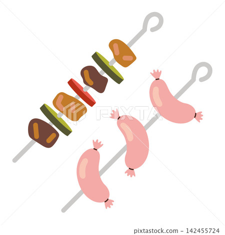 Barbecue skewers with grilled vegetables, meat and sausages for camping, picnic and outdoor cooking. Flat vector illustration isolated on white background Barbecue skewers with grilled vegetables, meat and sausages for camping, picnic and outdoor cooking. Flat vector illustration isolated on white background 142455724