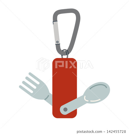 Foldable camping spoon and fork multitool with carabiner for hiking and outdoor meals. Flat vector illustration isolated on white background 142455728