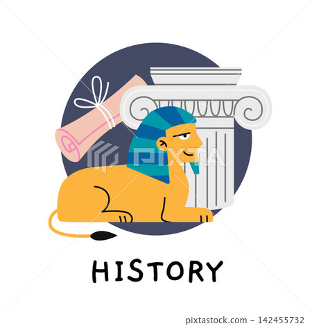 History school subject icon with sphinx, ancient column and scroll for education, archaeology and world civilization studies. Flat vector illustrations isolated on white background 142455732