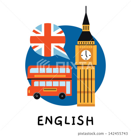 English language and British culture concept with London landmarks, red bus and UK flag. Flat vector illustrations isolated on white background English language and British culture concept with London landmarks, red bus and UK flag. Flat vector illustrations isolated on white background 142455743