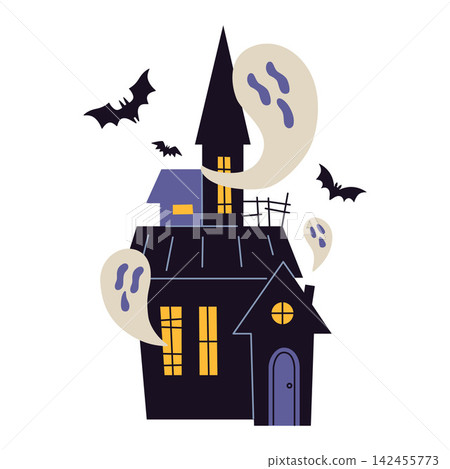 Spooky haunted house with glowing windows, ghosts and bats. Classic Halloween scene for seasonal crafts and festive designs. Flat vector illustrations isolated on white background Spooky haunted house with glowing windows, ghosts and bats. Classic Halloween scene for seasonal crafts and festive designs. Flat vector illustrations isolated on white background 142455773