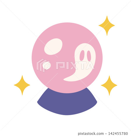 Pink crystal ball with a ghostly face and sparkling stars. A magical symbol associated with witches and fortune telling. Flat vector illustrations isolated on white background 142455780