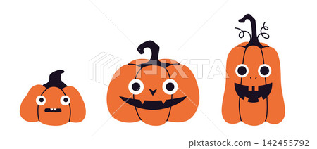 Set of funny jack-o'-lantern pumpkins with different carved faces. Spooky Halloween characters for seasonal decorations, stickers, and party designs. Flat vector illustrations isolated on white Set of funny jack-o'-lantern pumpkins with different carved faces. Spooky Halloween characters for seasonal decorations, stickers, and party designs. Flat vector illustrations isolated on white 142455792