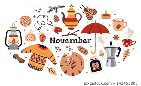 November seasonal collection with cozy autumn themes, rainy weather, warm clothing, hot drinks and elements of nature. Flat vector illustration isolated on white background November seasonal collection with cozy autumn themes, rainy weather, warm clothing, hot drinks and elements of nature. Flat vector illustration isolated on white background 142455803