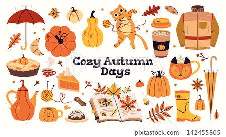 Cozy autumn collection with pumpkins, warm drinks, baked treats and seasonal accessories for a relaxing fall mood. Flat vector illustration isolated on white background Cozy autumn collection with pumpkins, warm drinks, baked treats and seasonal accessories for a relaxing fall mood. Flat vector illustration isolated on white background 142455805