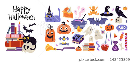 Whimsical Halloween collection with books, pumpkins, ghosts, black cat, bats and magical objects, designed for seasonal and festive projects. Flat vector illustrations isolated on white background Whimsical Halloween collection with books, pumpkins, ghosts, black cat, bats and magical objects, designed for seasonal and festive projects. Flat vector illustrations isolated on white background 142455809