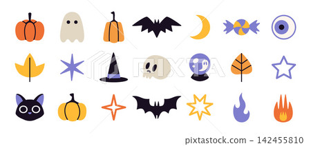 Halloween icon collection with pumpkins, ghosts, bats, witch hat, skull and spooky symbols for crafts, stickers and seasonal designs. Flat vector illustrations isolated on white background Halloween icon collection with pumpkins, ghosts, bats, witch hat, skull and spooky symbols for crafts, stickers and seasonal designs. Flat vector illustrations isolated on white background 142455810