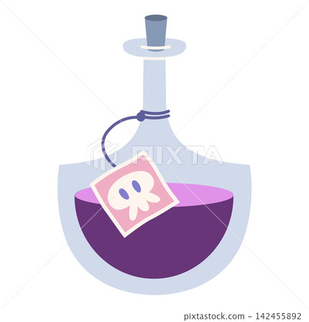 Glass bottle filled with purple poison and marked with a skull label. Spooky prop for Halloween, witchcraft, dark magic, and fantasy themes. Flat vector illustration isolated on white background Glass bottle filled with purple poison and marked with a skull label. Spooky prop for Halloween, witchcraft, dark magic, and fantasy themes. Flat vector illustration isolated on white background 142455892