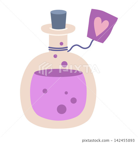 Cute bottle filled with pink love potion and decorated with a heart tag. Magical symbol of romance for Valentine's Day, witchcraft, and festive designs. Flat vector illustration isolated on white Cute bottle filled with pink love potion and decorated with a heart tag. Magical symbol of romance for Valentine's Day, witchcraft, and festive designs. Flat vector illustration isolated on white 142455893